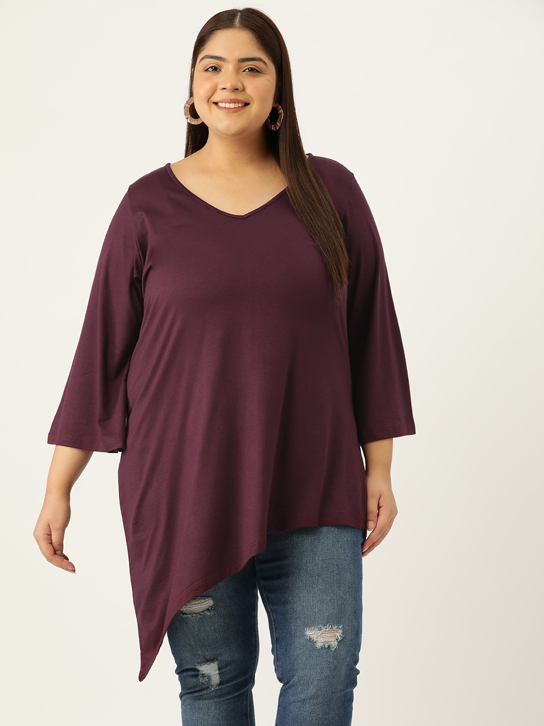 Women's Plus Size Purple Solid Color Asymmetrical Longline Knitted Top