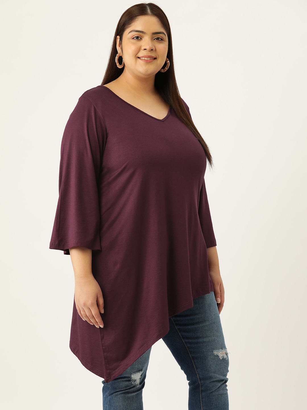 Women's Plus Size Purple Solid Color Asymmetrical Longline Knitted Top