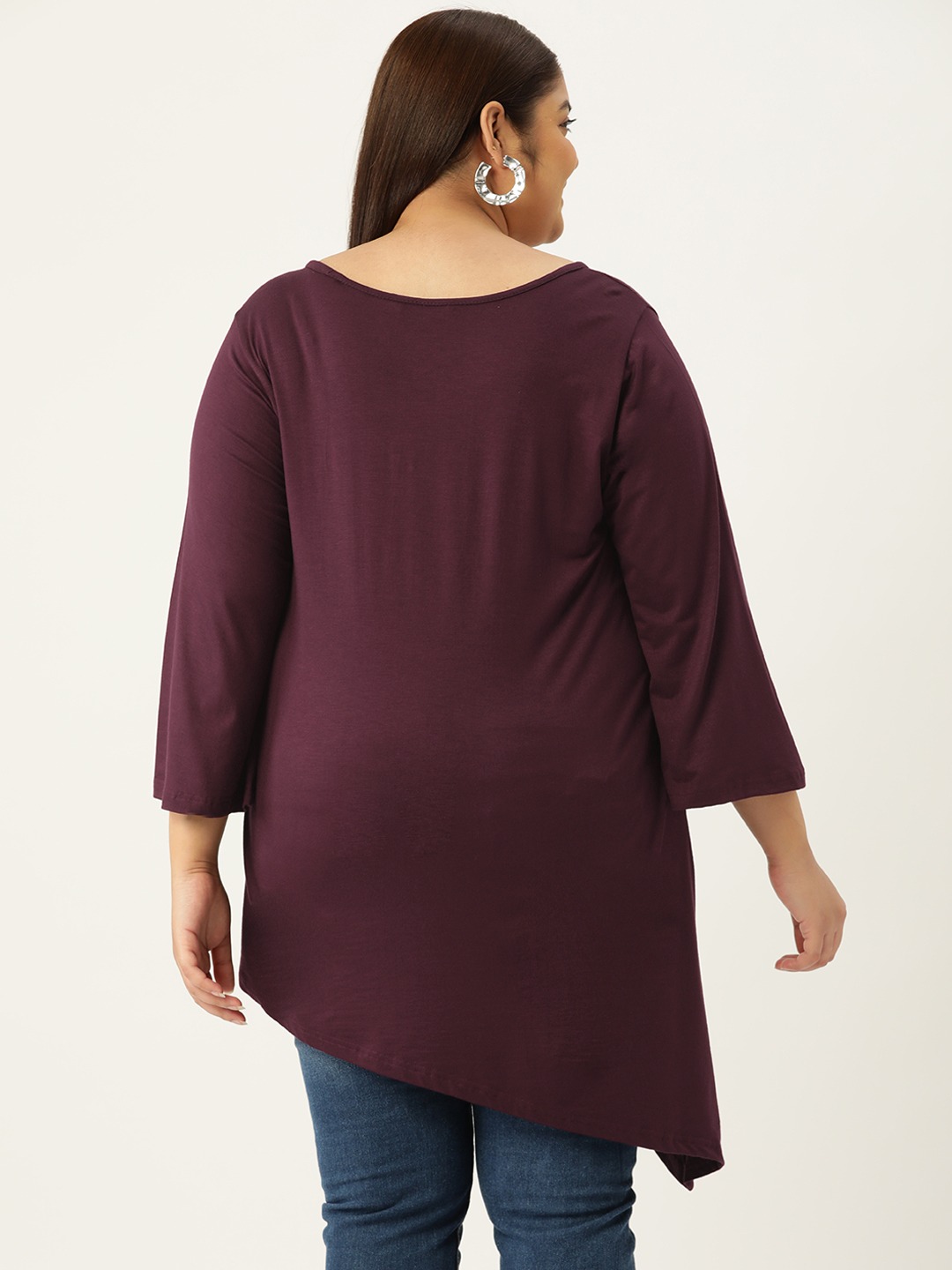 Women's Plus Size Purple Solid Color Asymmetrical Longline Knitted Top