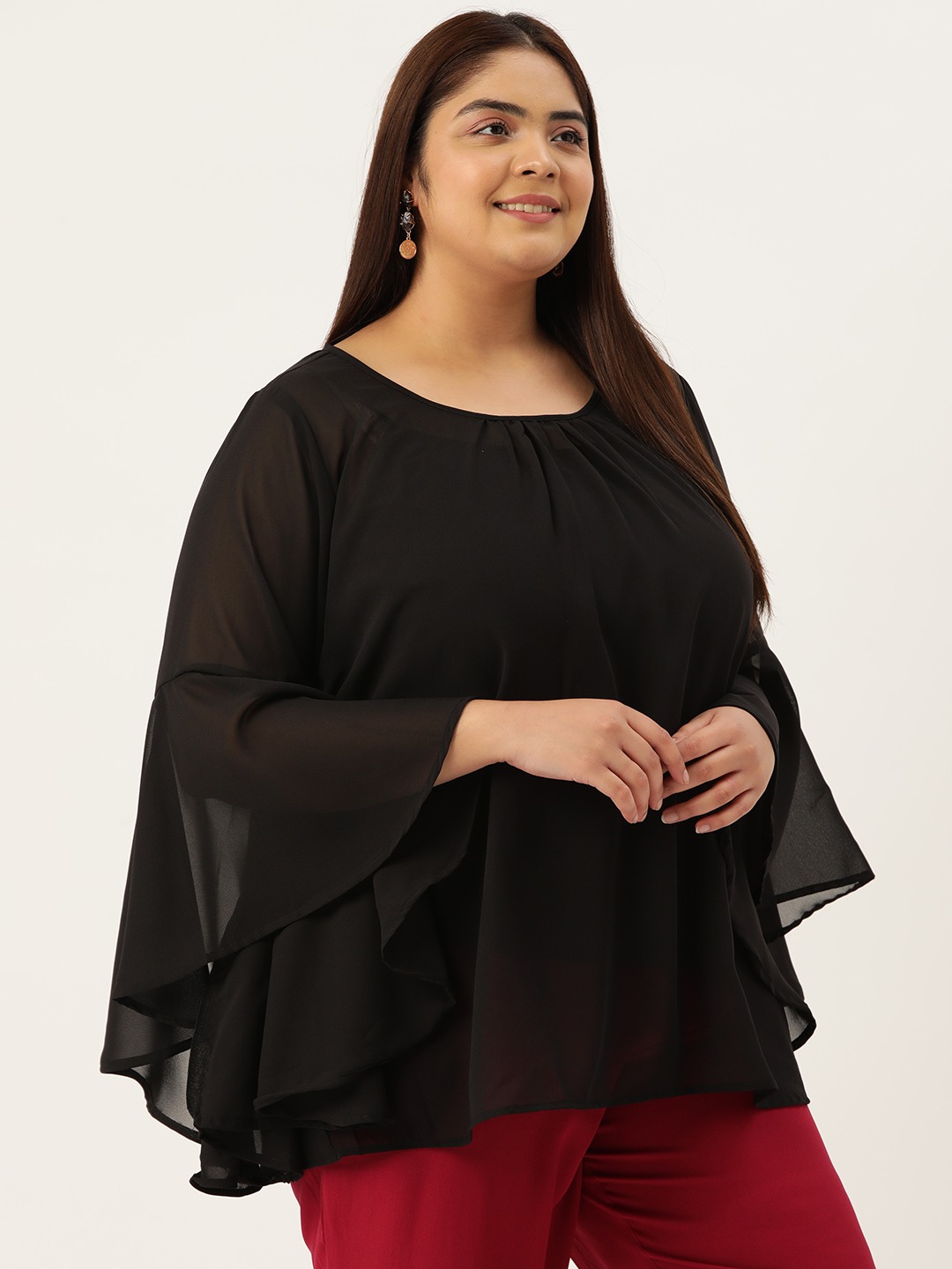 Women's Plus Size Black Solid Color Georgette Longline Top