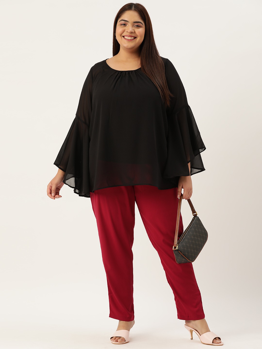 Women's Plus Size Black Solid Color Georgette Longline Top