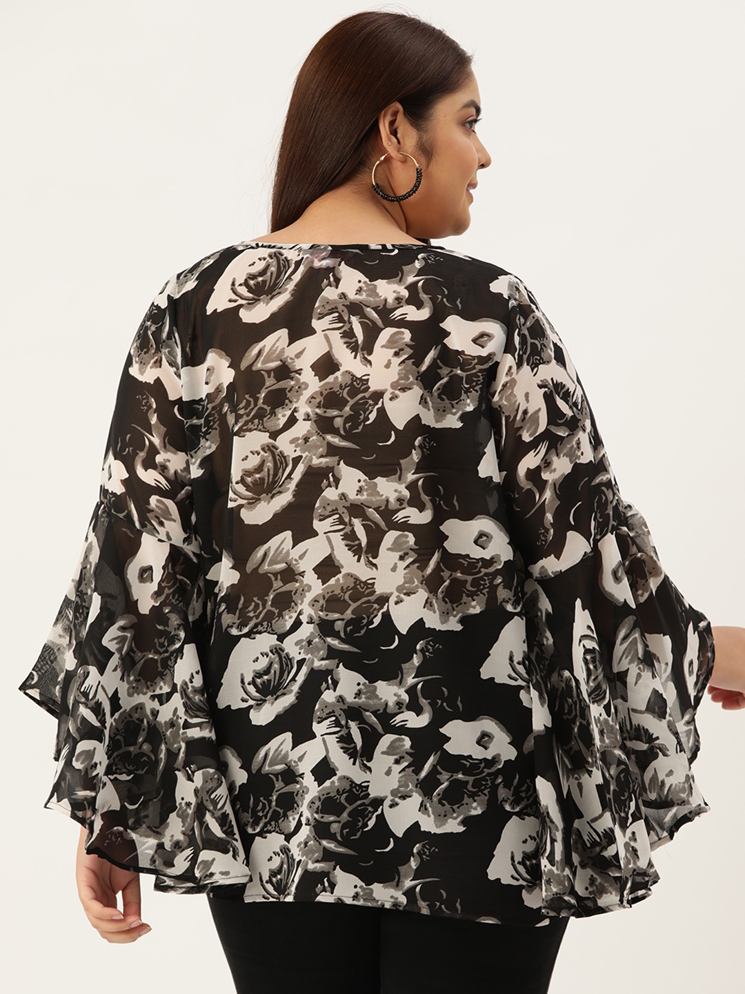 Women's Plus Size Black Rose Floral Print Georgette Longline Top