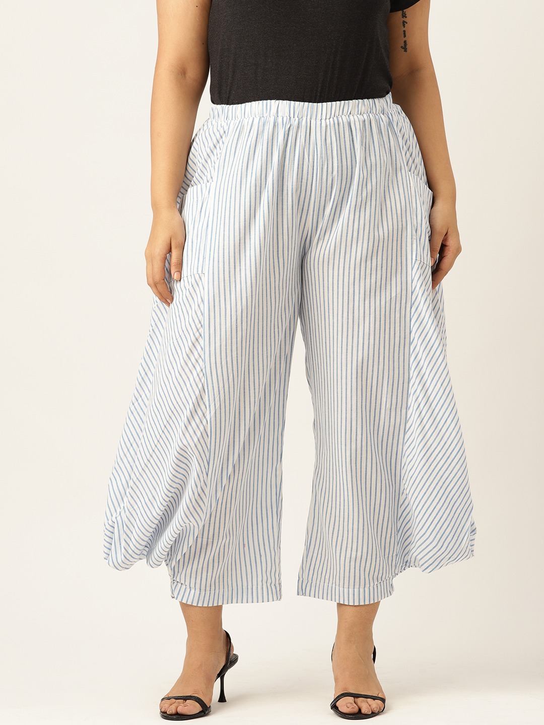Women's Plus Size Blue Striped Loose Fit Cotton Trouser