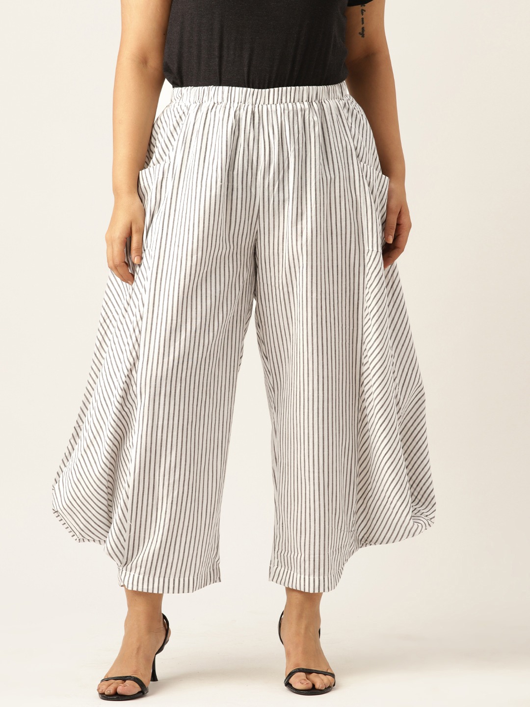 Women's Plus Size Grey Striped Loose Fit Cotton Trouser