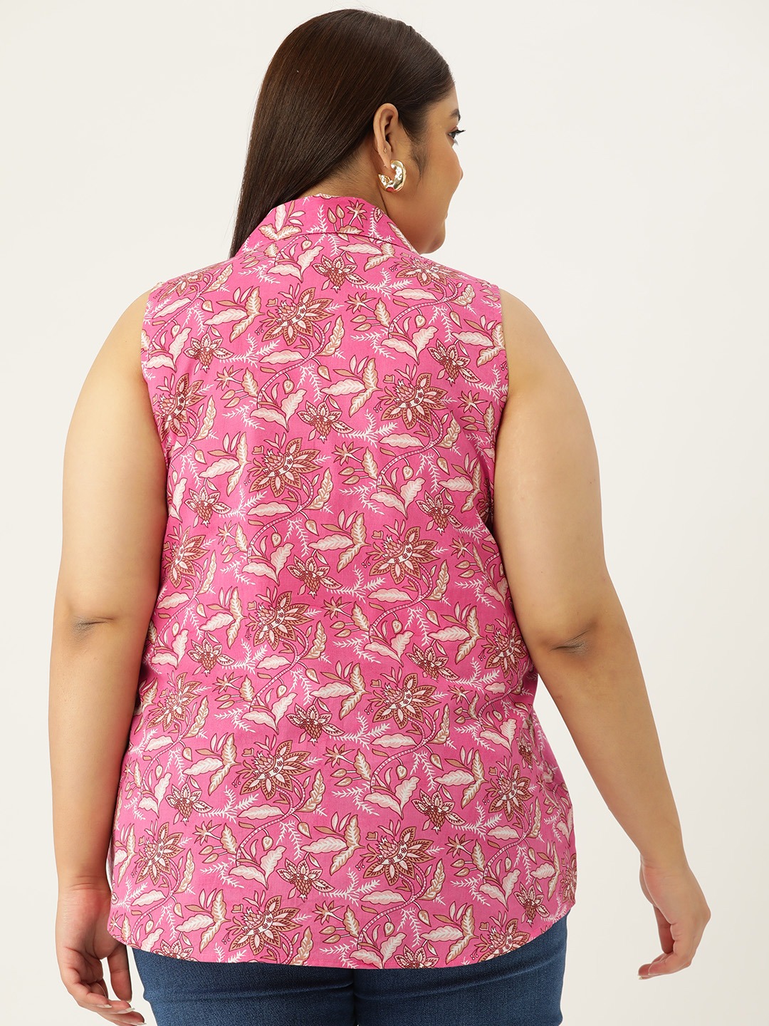Women's Plus Size Fuchsia Floral Print Sleeveless Casual Shirt