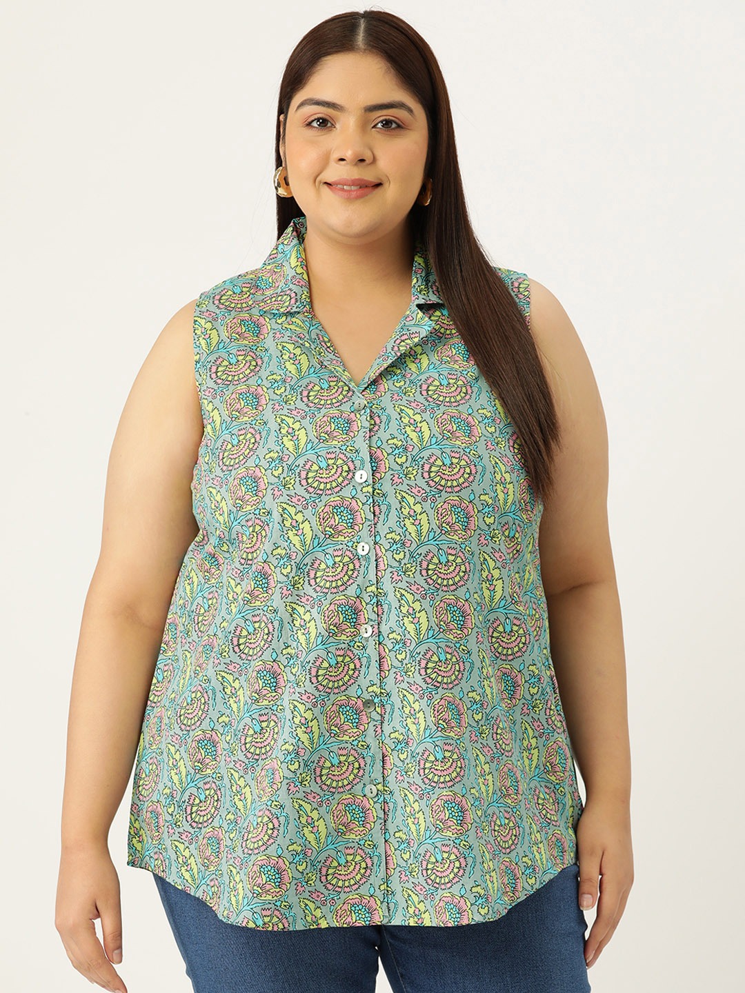 Women's Plus Size Grey Floral Print Sleeveless Casual Shirt