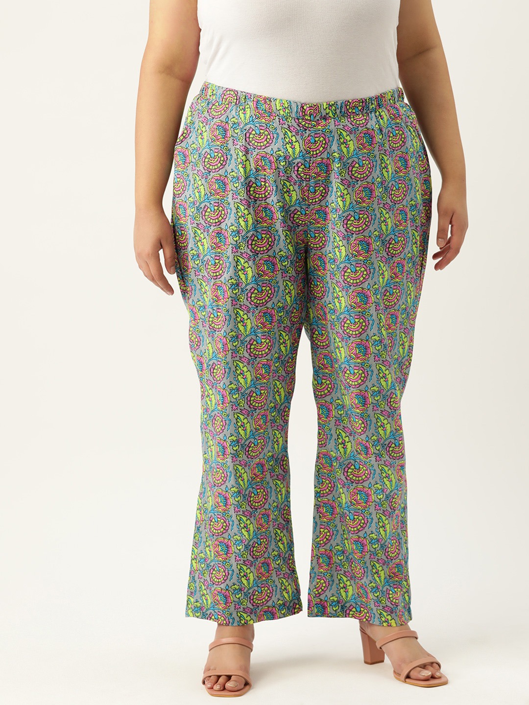 Women's Plus Size Grey Floral Print Cotton Trouser