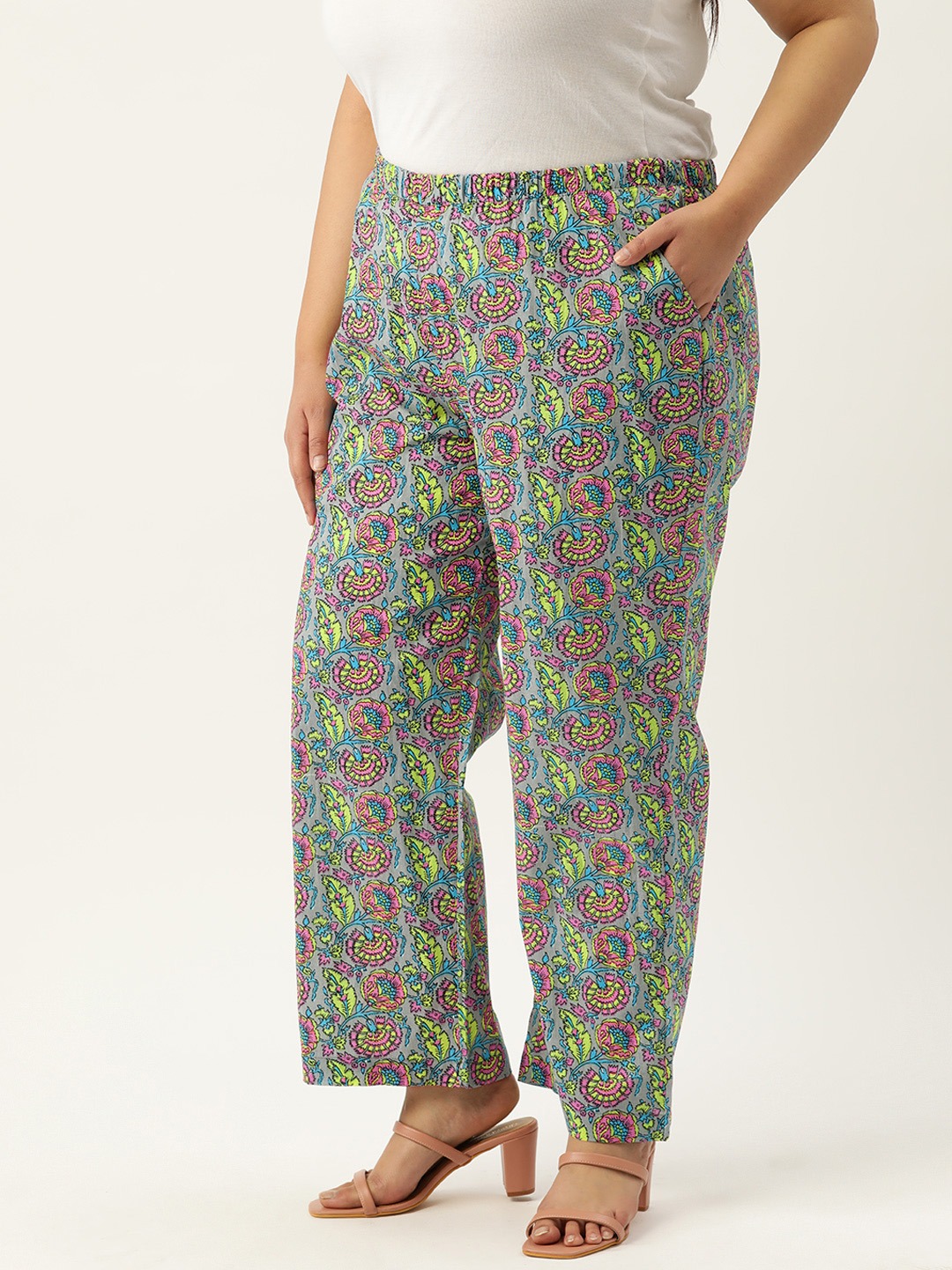 Women's Plus Size Grey Floral Print Cotton Trouser