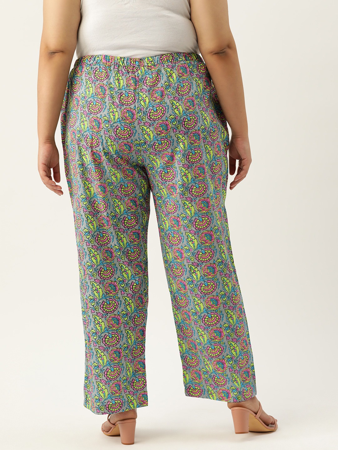 Women's Plus Size Grey Floral Print Cotton Trouser
