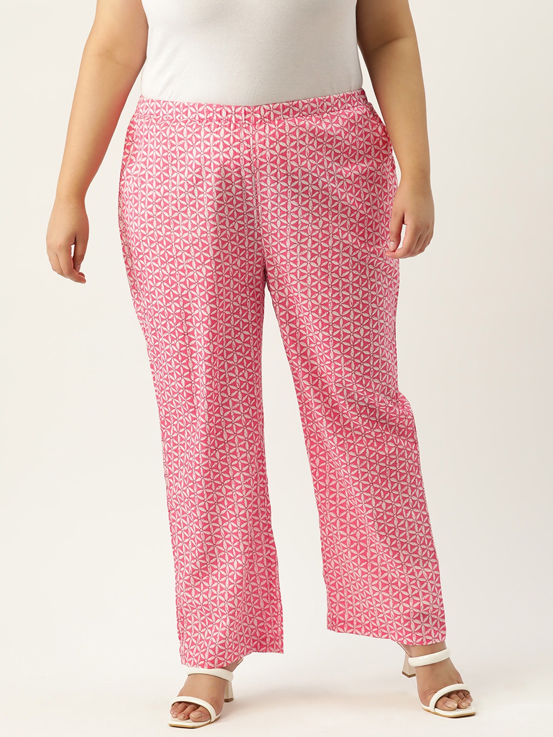 Women's Plus Size Pink Floral Print Cotton Trouser