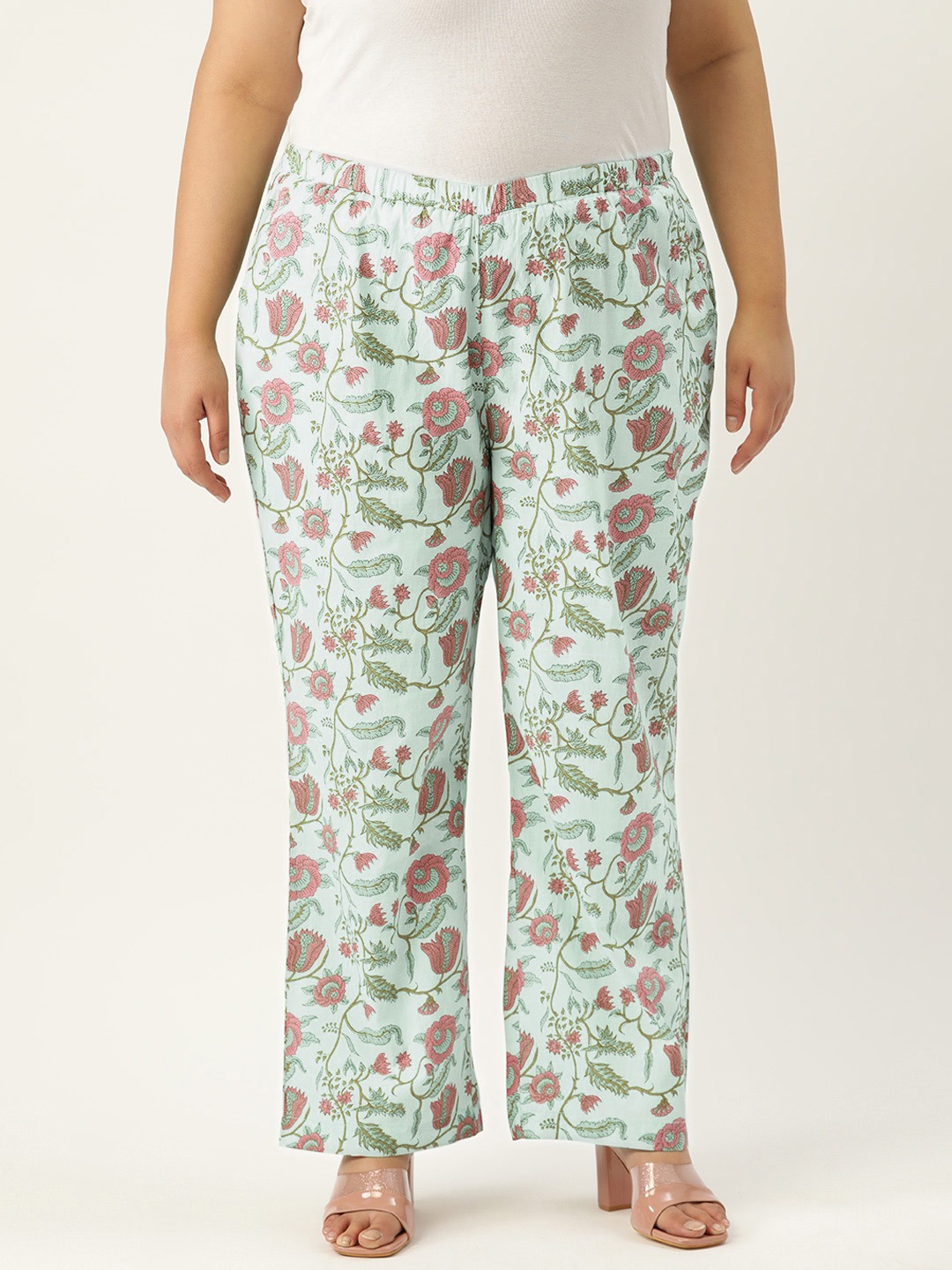 Women's Plus Size Sea Green Floral Print Cotton Trouser
