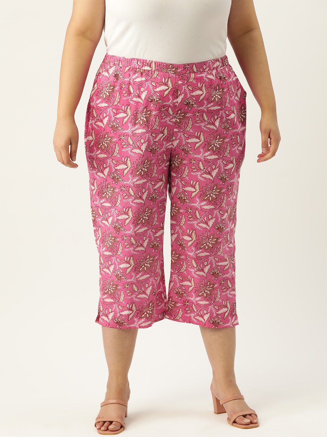 Women's Plus Size Fuchsia Floral Print Cotton Capri