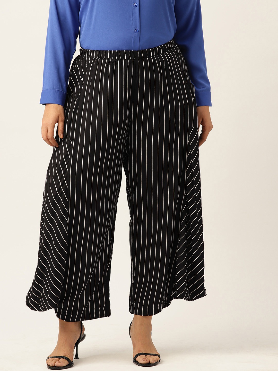 Women's Plus Size Black Striped Loose Fit Cotton Trouser