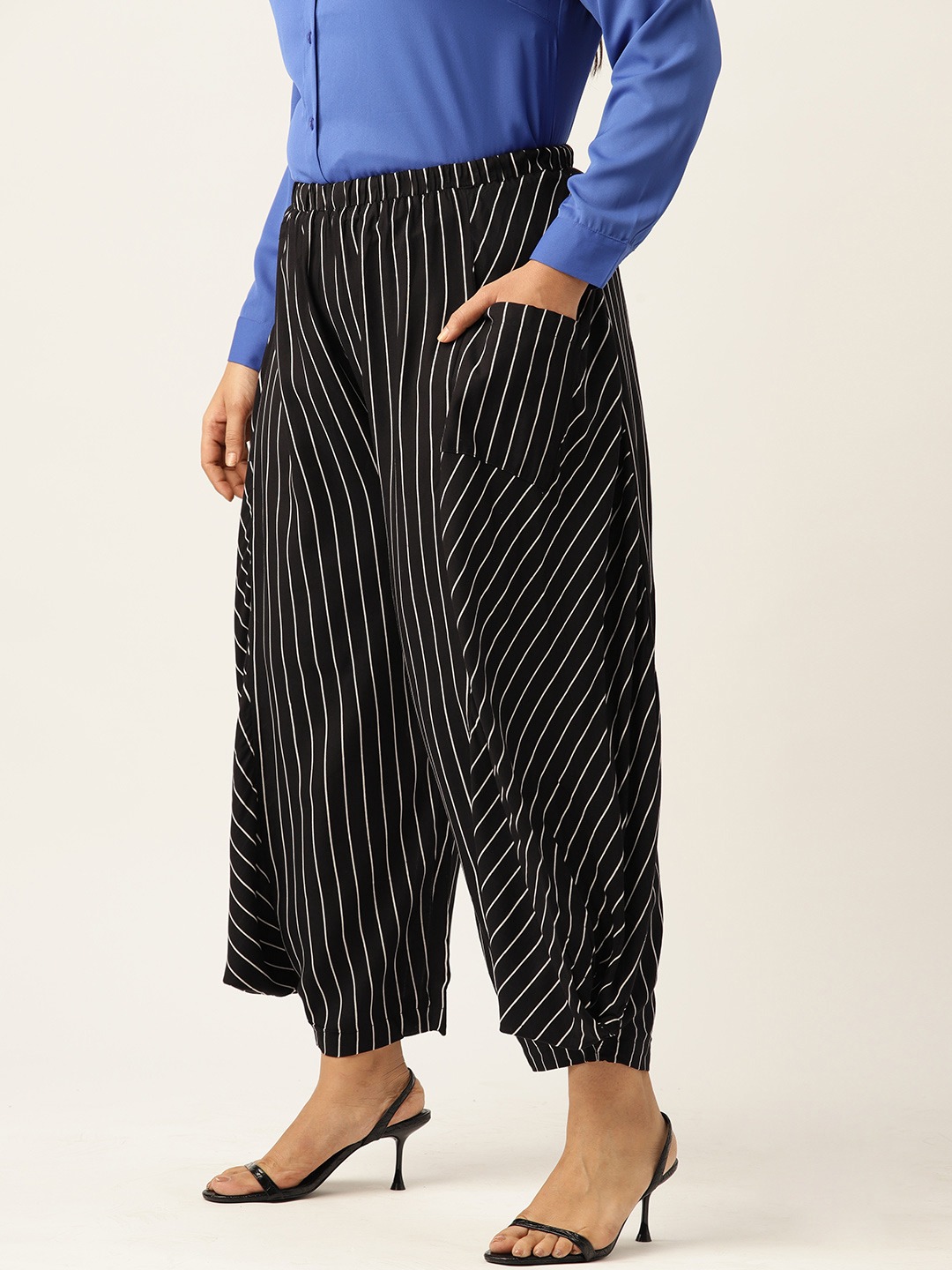 Women's Plus Size Black Striped Loose Fit Cotton Trouser