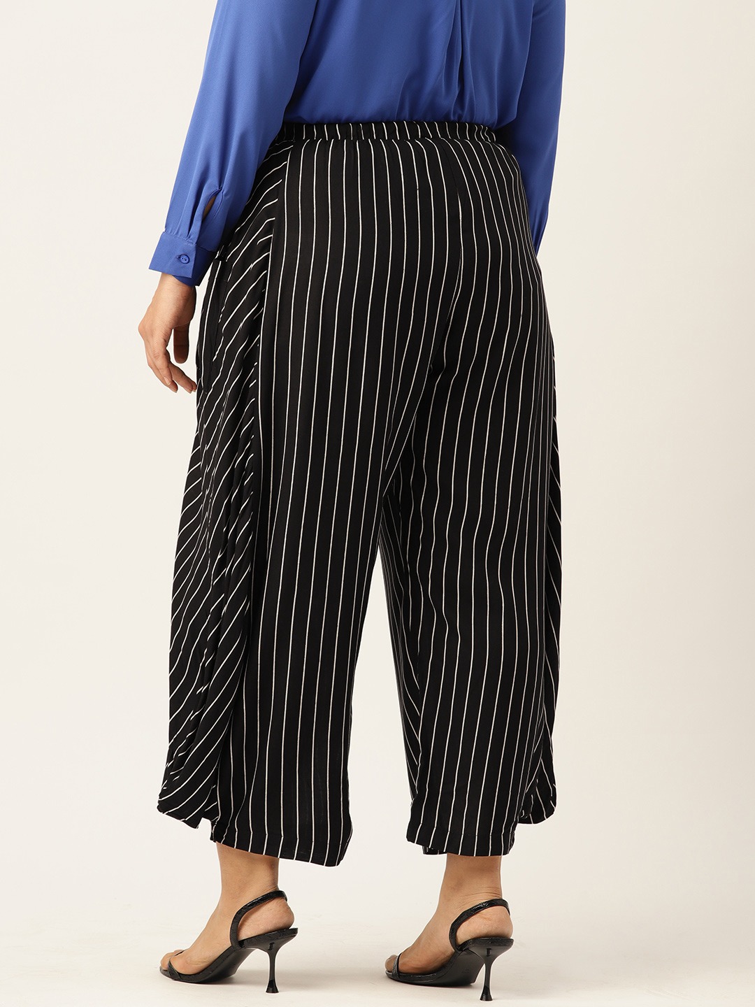 Women's Plus Size Black Striped Loose Fit Cotton Trouser