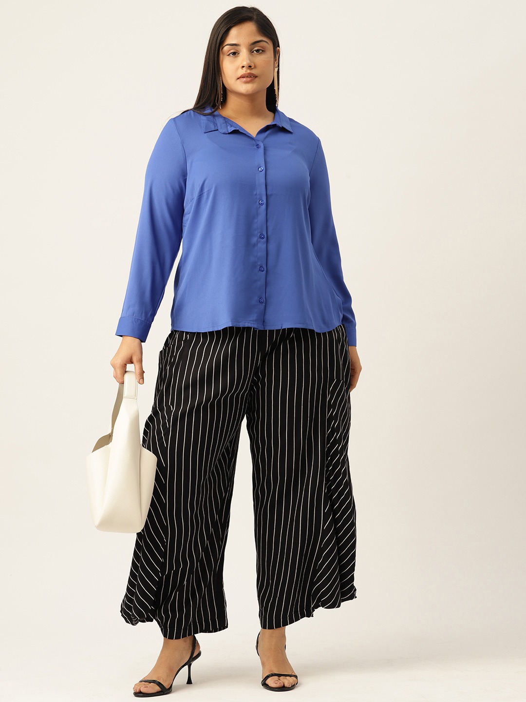 Women's Plus Size Black Striped Loose Fit Cotton Trouser
