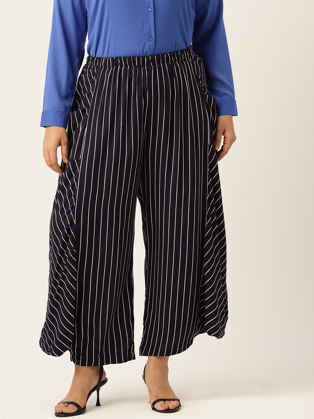 Women's Plus Size Navy Striped Loose Fit Cotton Trouser