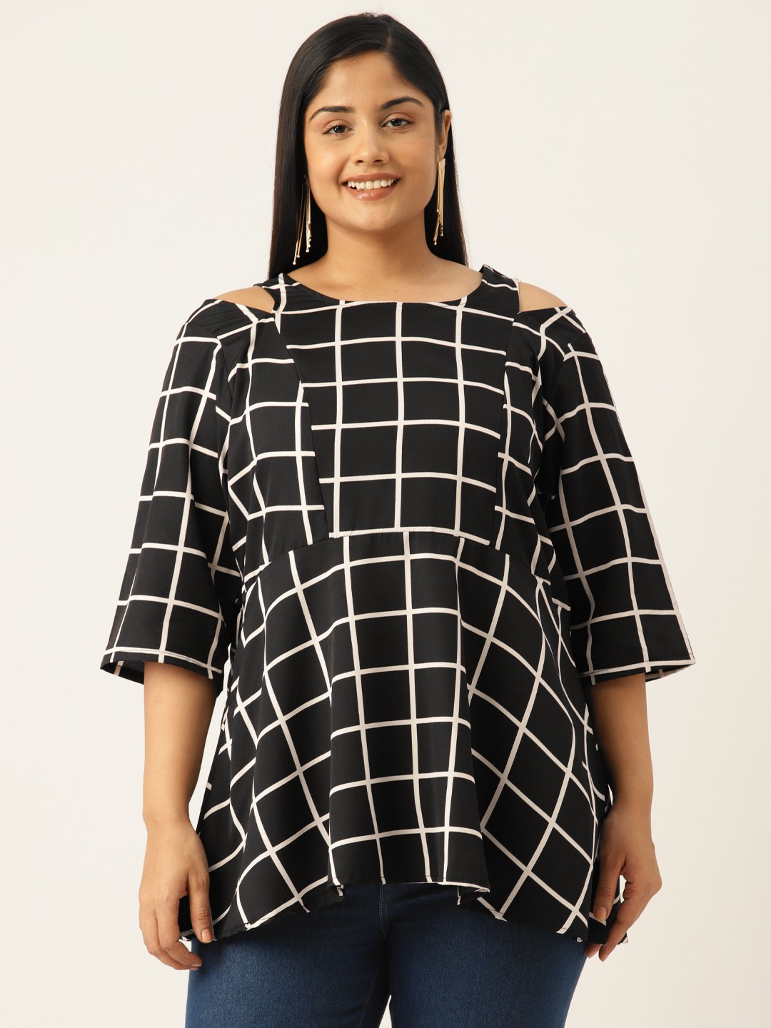 Women's Plus Size Black Checked Print Cut Out Detail Top