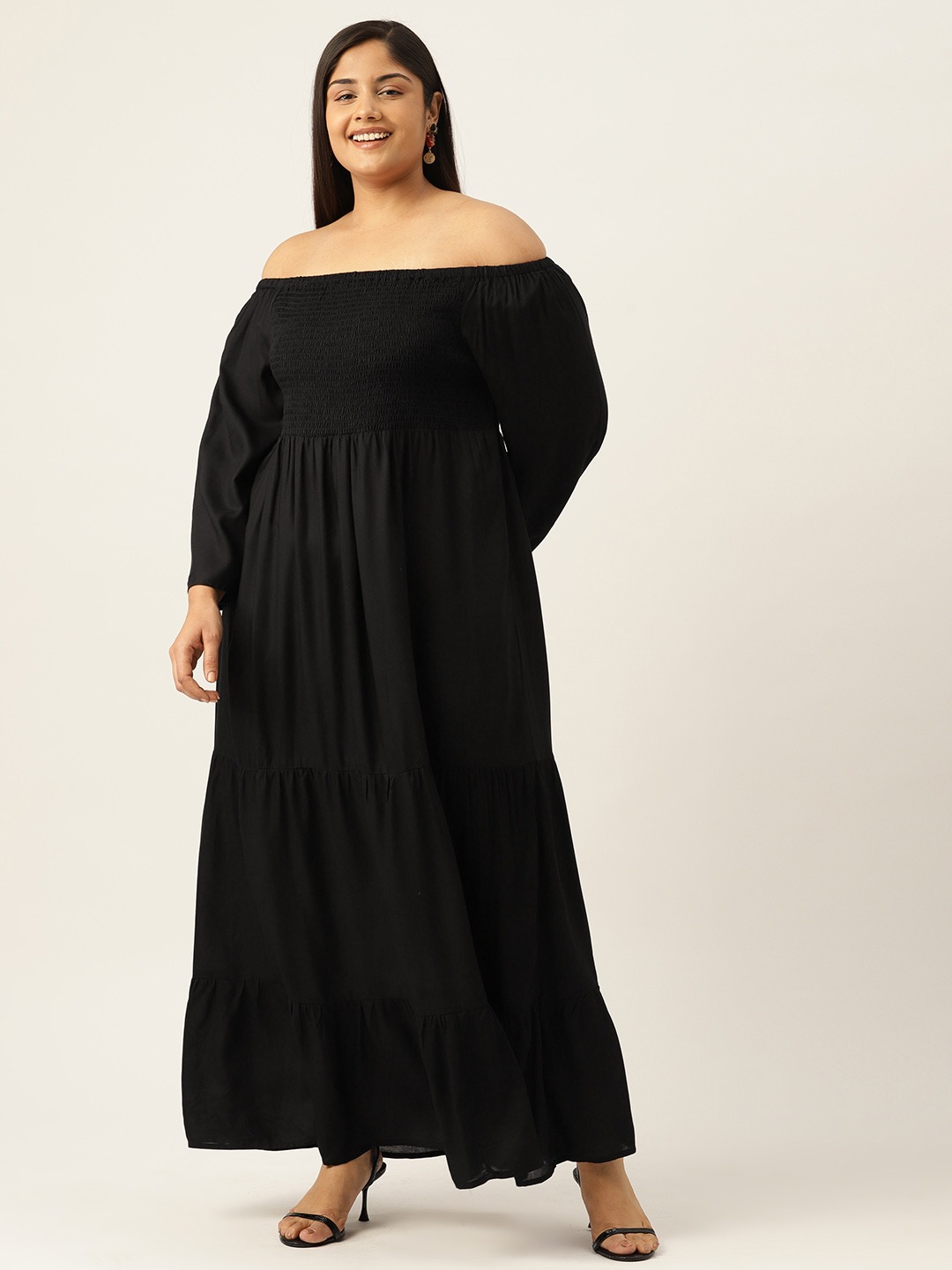 Women's Plus Size Black Solid Color Off-Shoulder Midi Dress