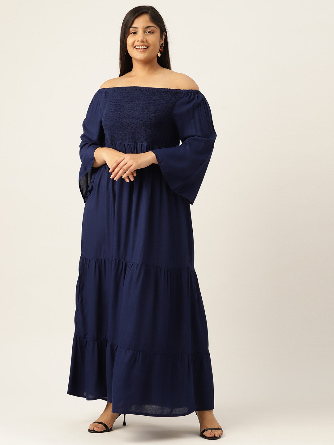 Women's Plus Size Navy Blue Solid Color Off-Shoulder Midi Dress