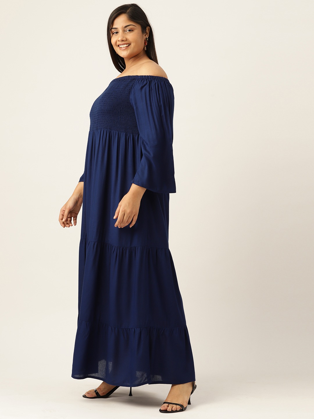 Women's Plus Size Navy Blue Solid Color Off-Shoulder Midi Dress