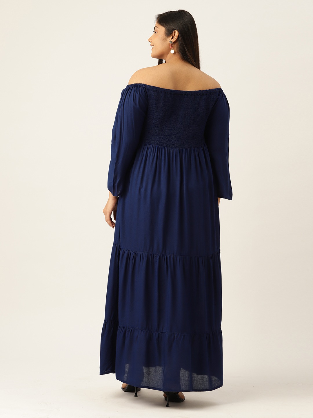 Women's Plus Size Navy Blue Solid Color Off-Shoulder Midi Dress