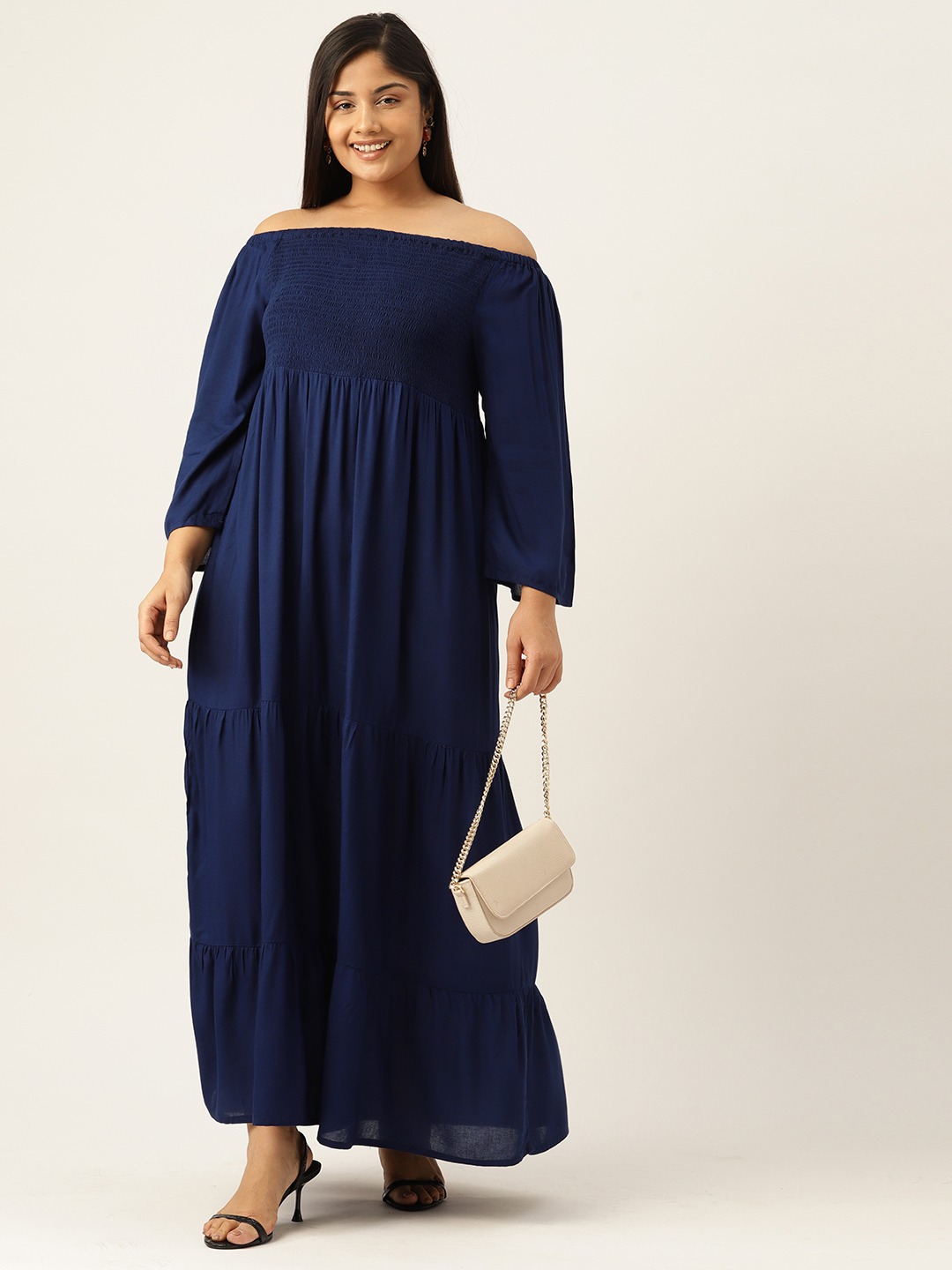 Women's Plus Size Navy Blue Solid Color Off-Shoulder Midi Dress