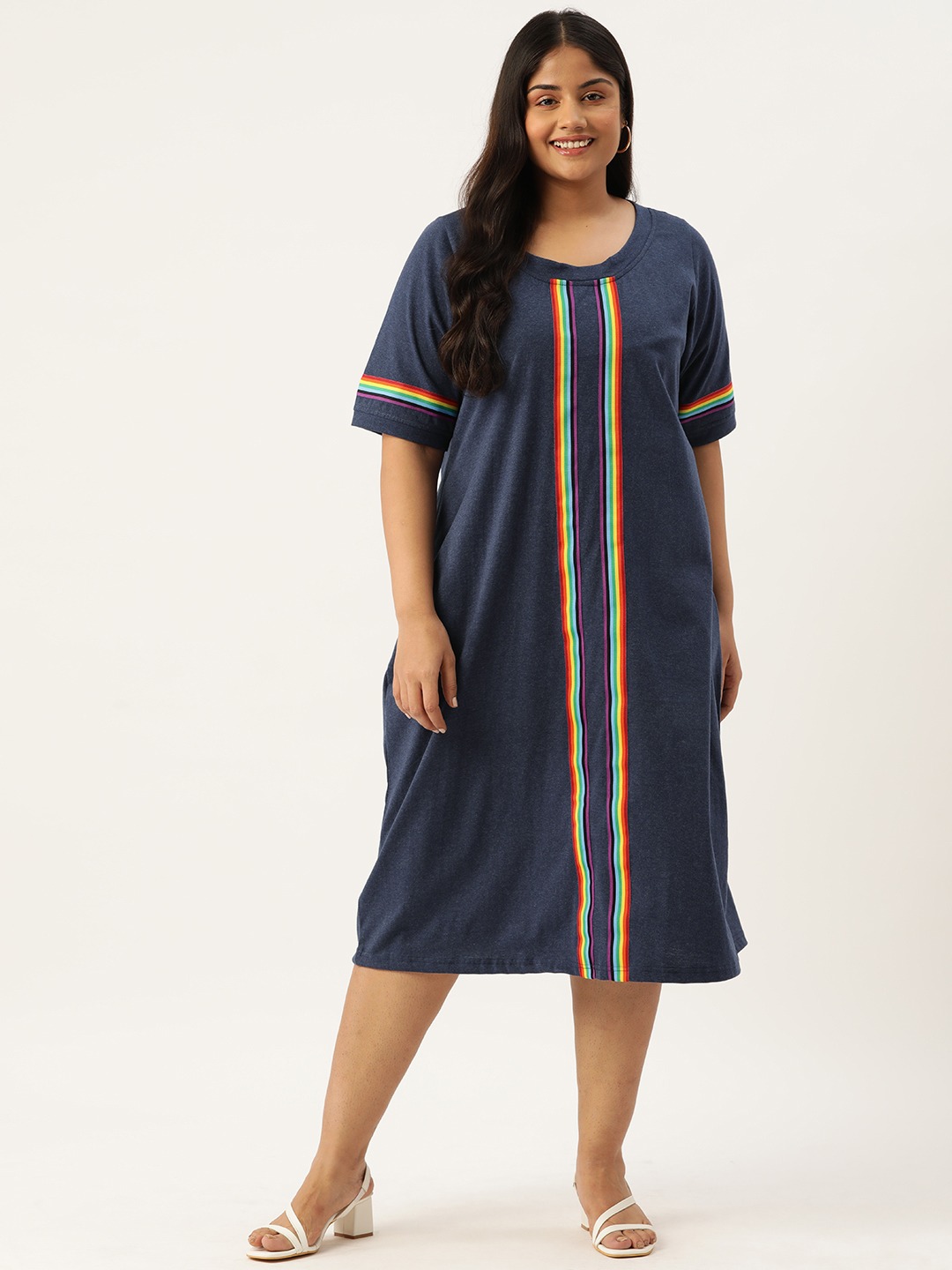 Women's Plus Size Melange Blue Solid Color Knitted Dress witn Color Tape