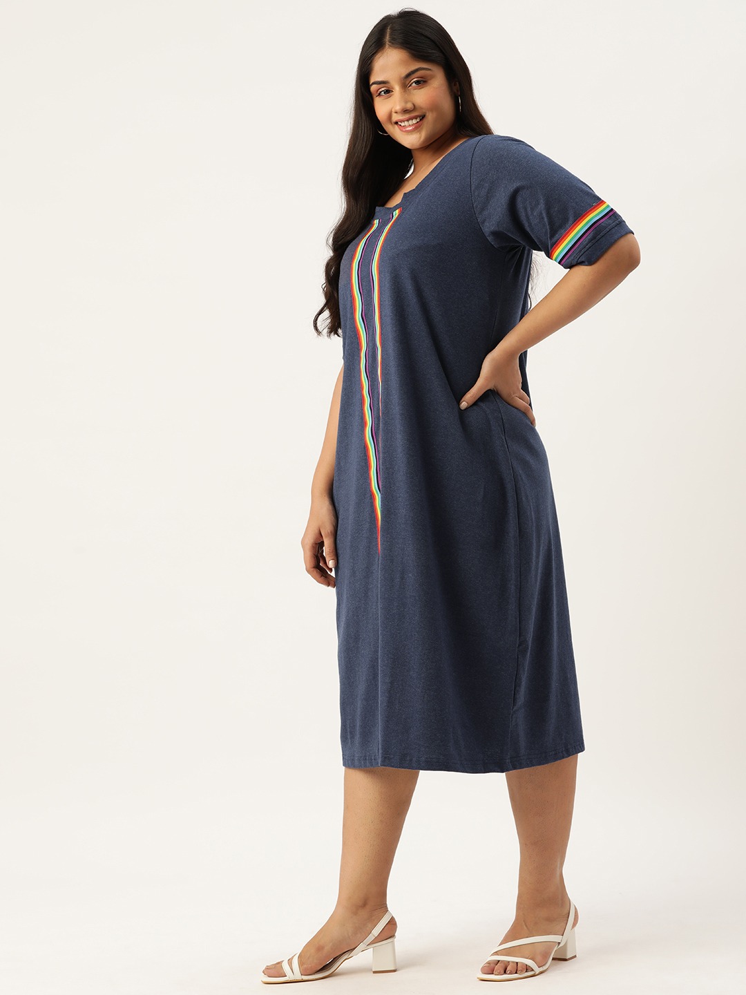 Women's Plus Size Melange Blue Solid Color Knitted Dress witn Color Tape