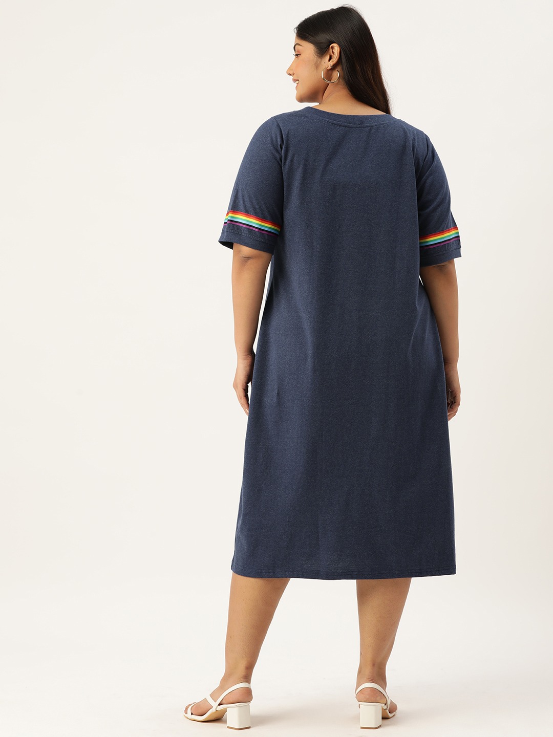 Women's Plus Size Melange Blue Solid Color Knitted Dress witn Color Tape