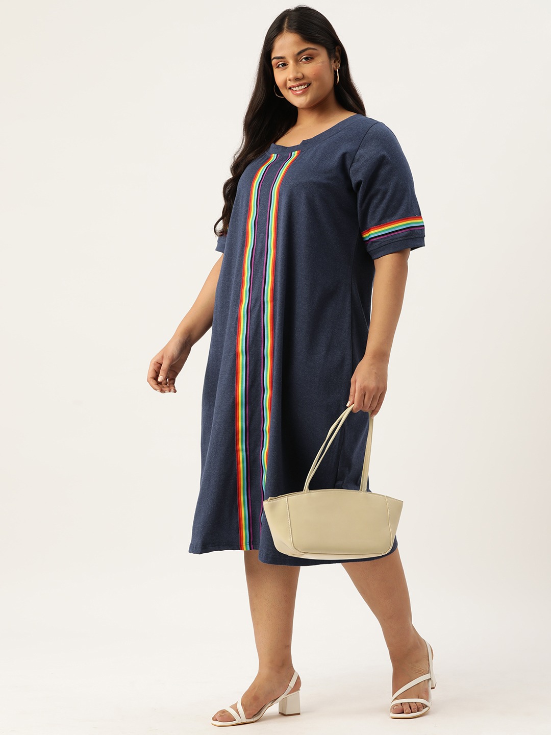 Women's Plus Size Melange Blue Solid Color Knitted Dress witn Color Tape