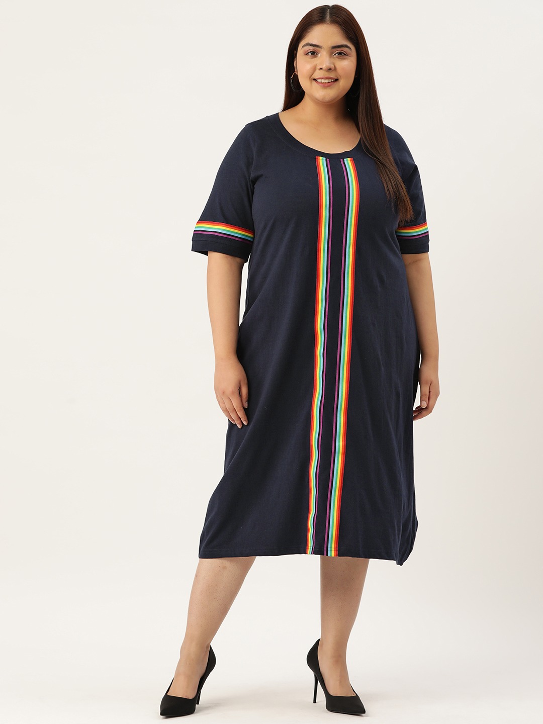 Women's Plus Size Navy Blue Solid Color Knitted Dress witn Color Tape