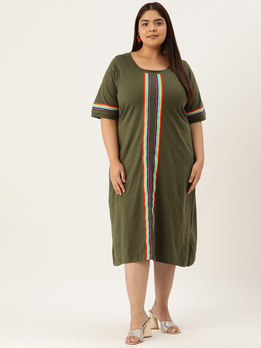 Women's Plus Size Olive Solid Color Knitted Dress witn Color Tape