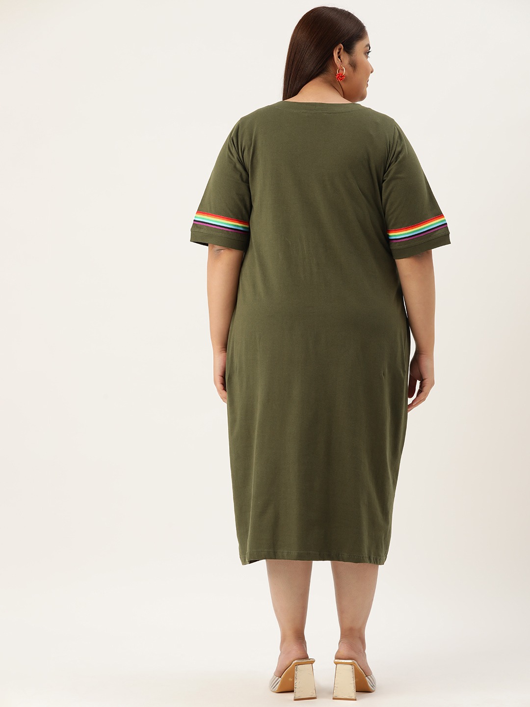 Women's Plus Size Olive Solid Color Knitted Dress witn Color Tape