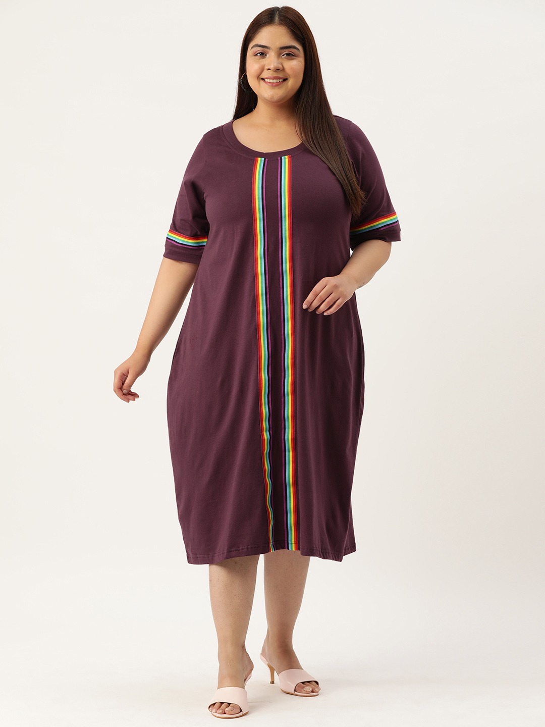 Women's Plus Size Purple Solid Color Knitted Dress witn Color Tape