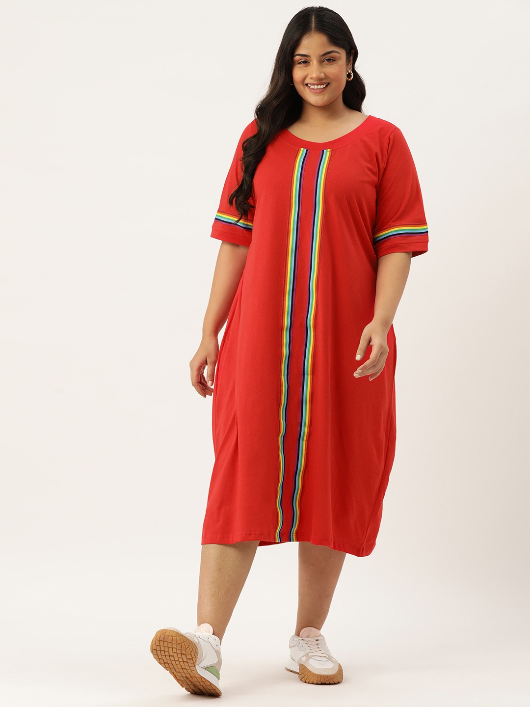 Women's Plus Size Red Solid Color Knitted Dress witn Color Tape