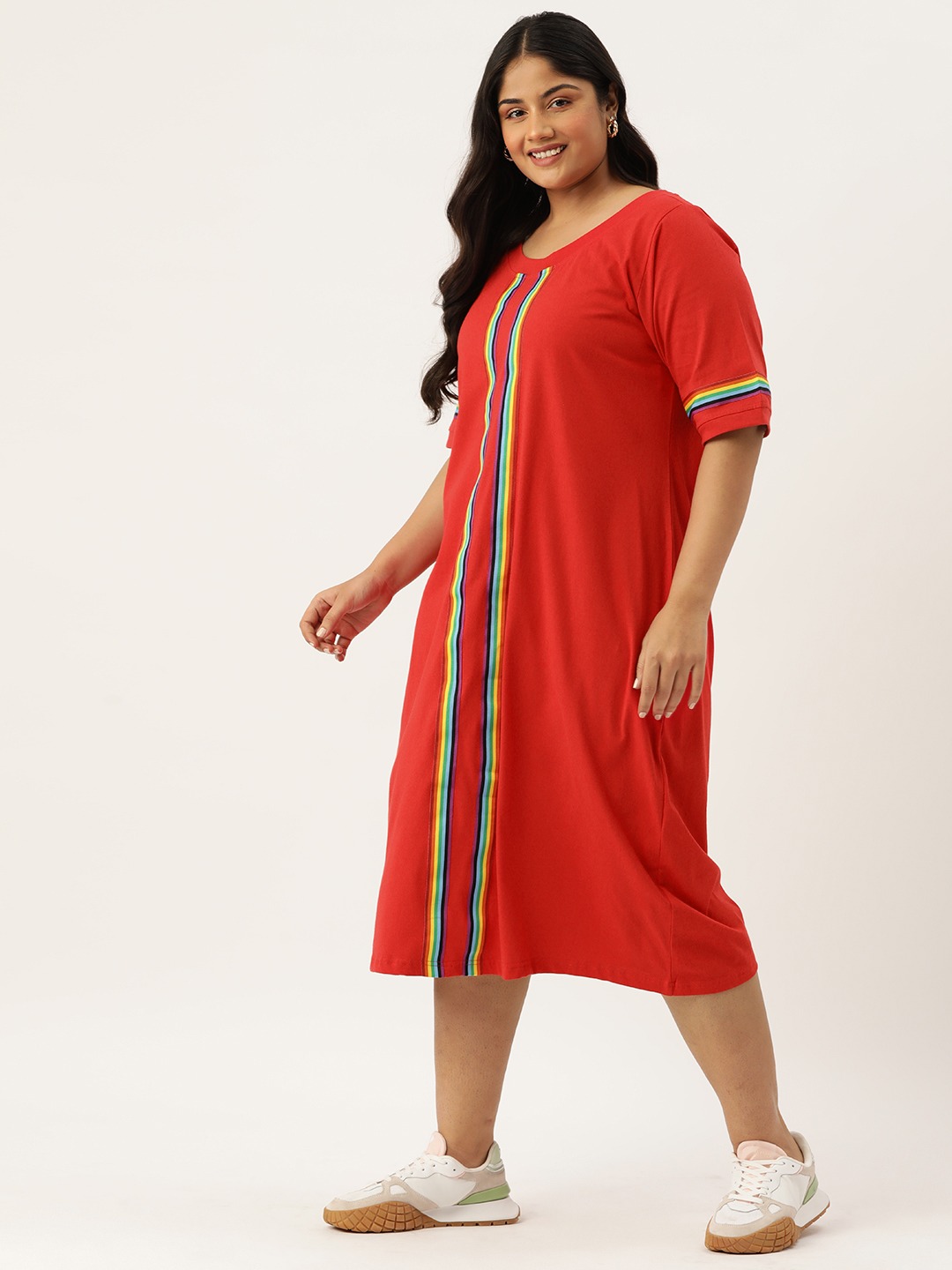 Women's Plus Size Red Solid Color Knitted Dress witn Color Tape