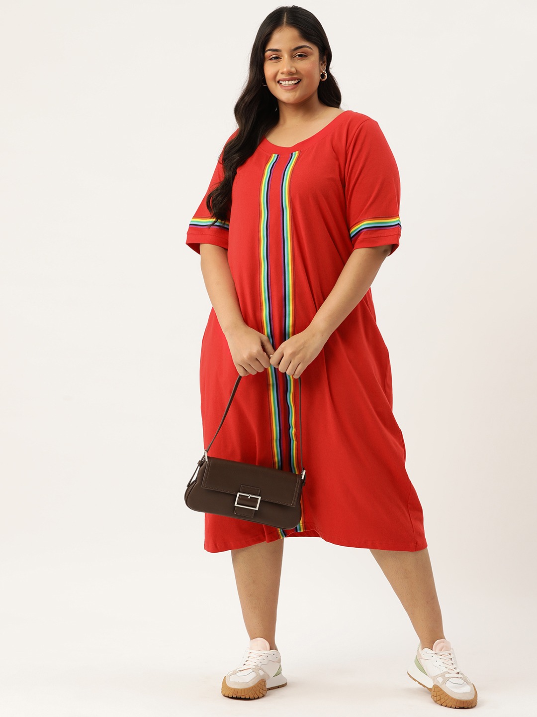 Women's Plus Size Red Solid Color Knitted Dress witn Color Tape