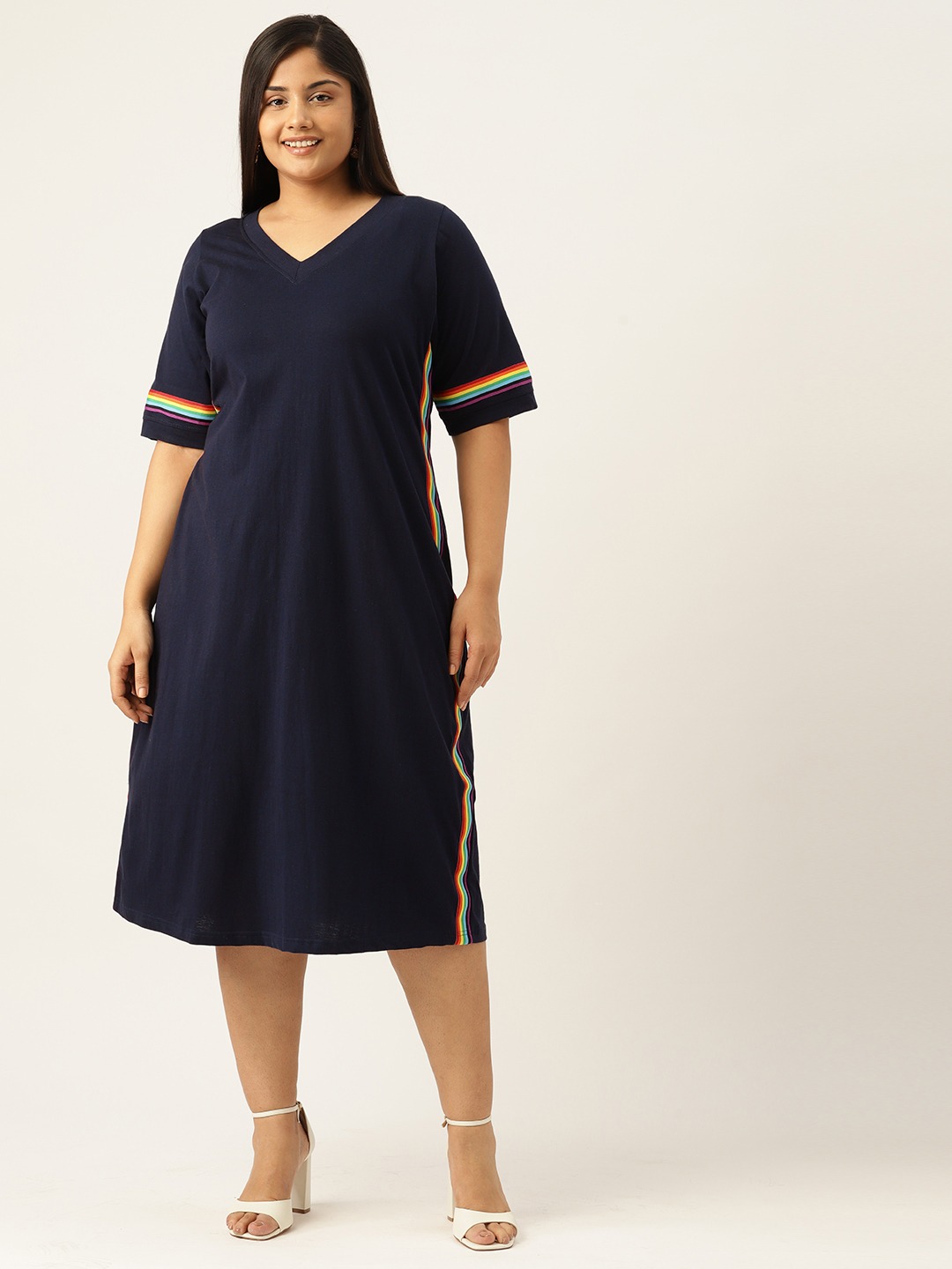 Women's Plus Size Navy Blue Solid Color Cotton Knitted A-Line Dress