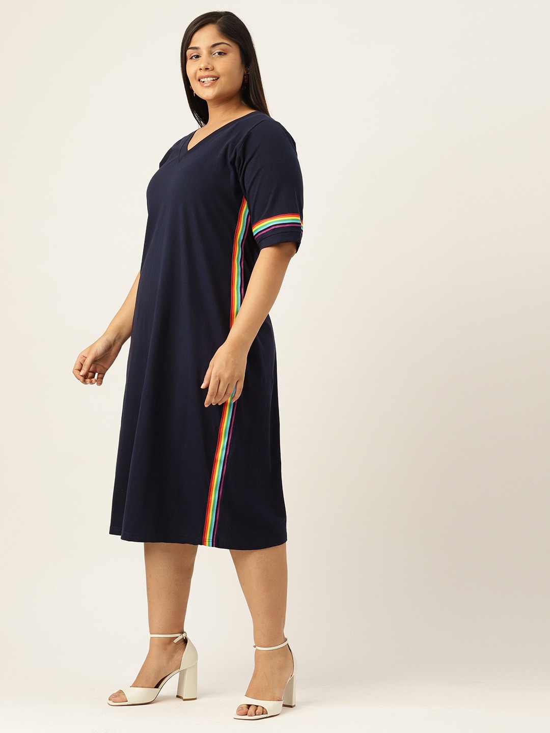 Women's Plus Size Navy Blue Solid Color Cotton Knitted A-Line Dress