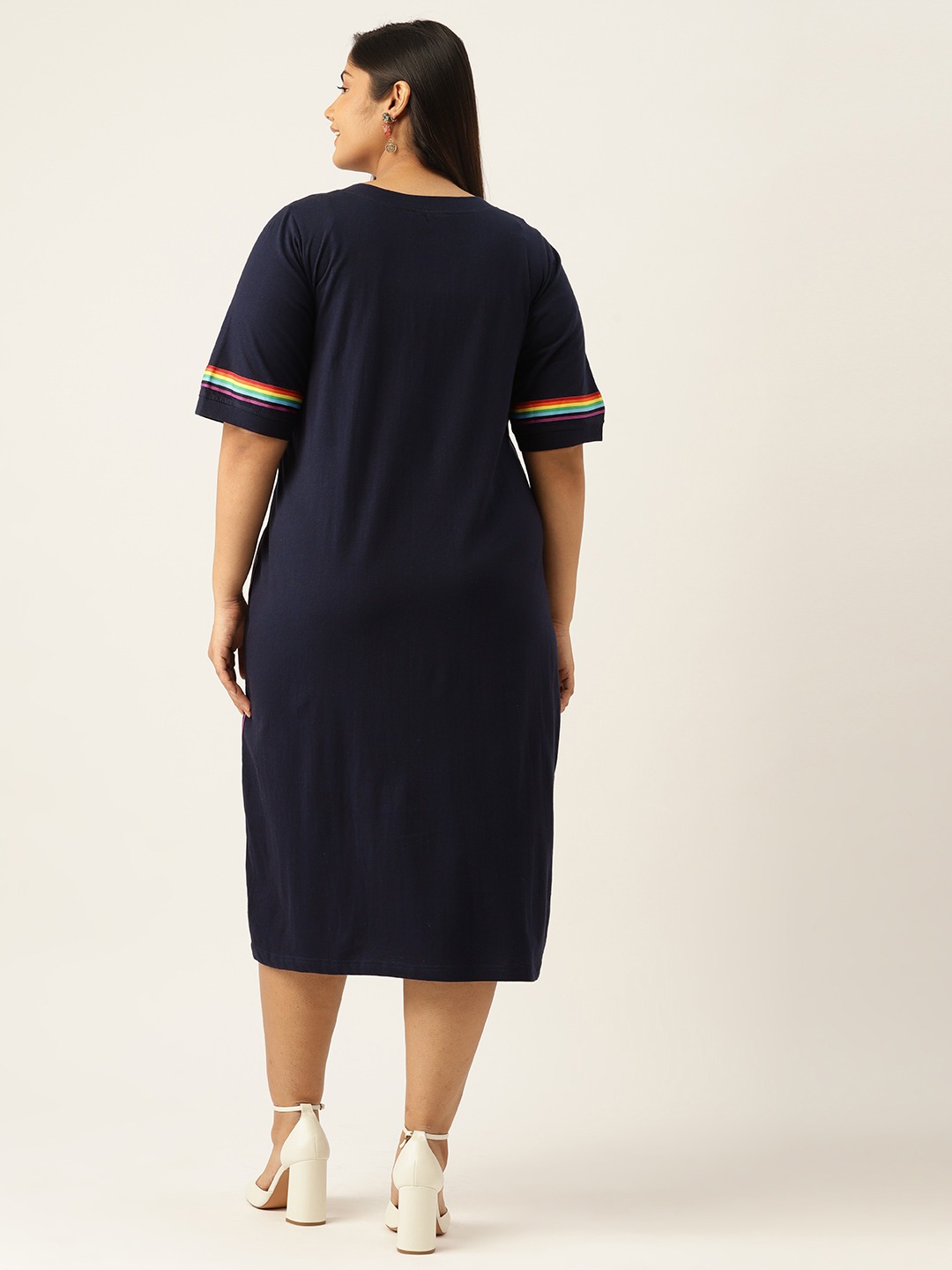 Women's Plus Size Navy Blue Solid Color Cotton Knitted A-Line Dress