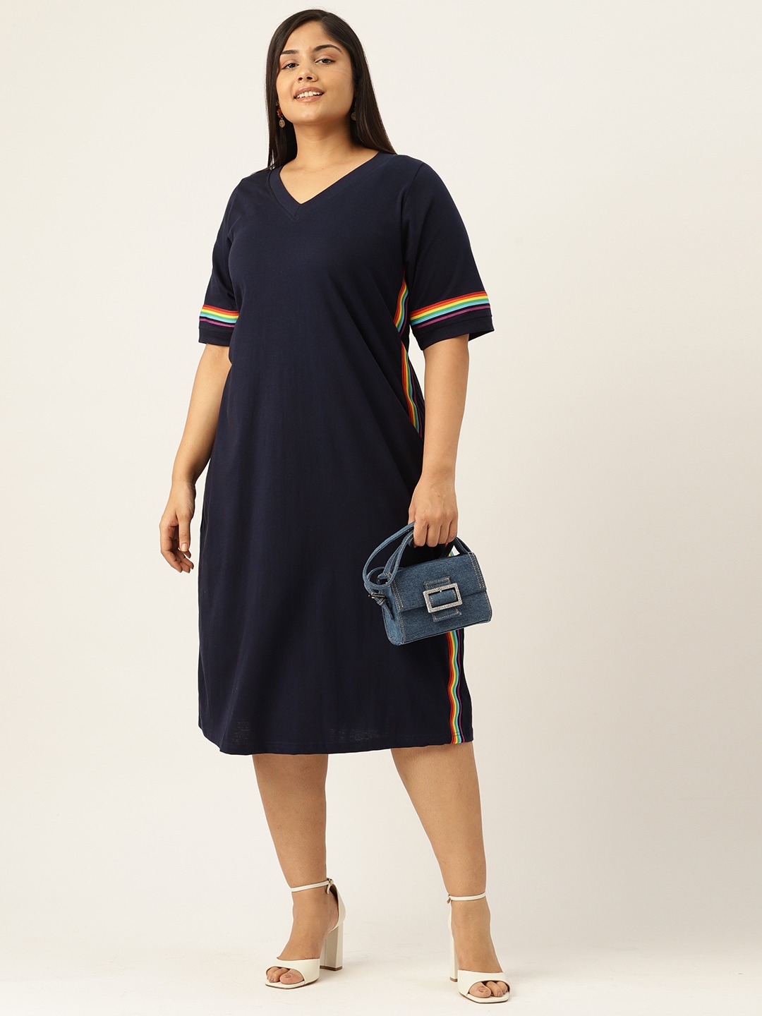 Women's Plus Size Navy Blue Solid Color Cotton Knitted A-Line Dress