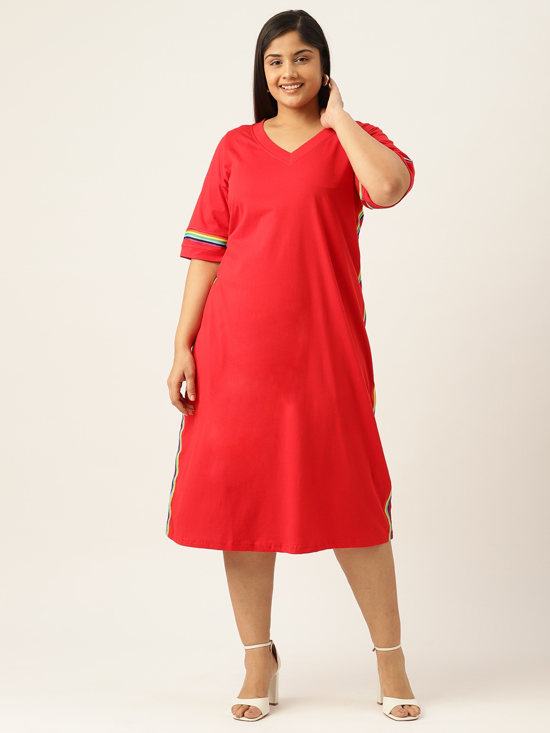 Women's Plus Size Red Solid Color Cotton Knitted A-Line Dress