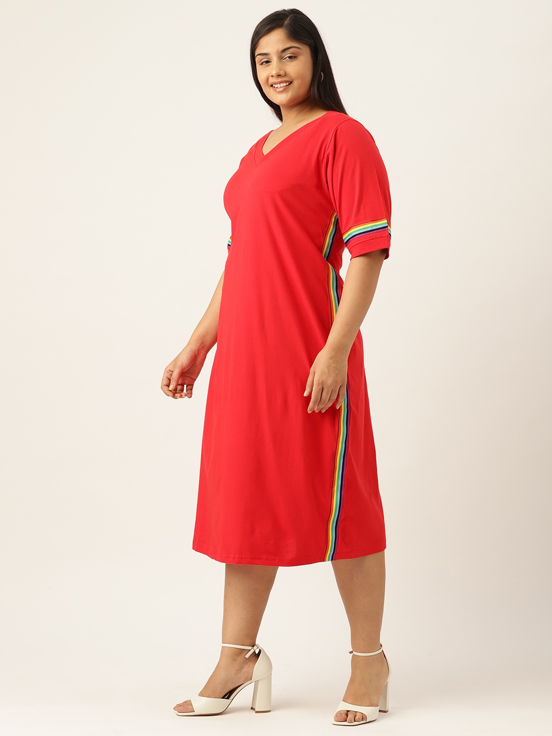 Women's Plus Size Red Solid Color Cotton Knitted A-Line Dress