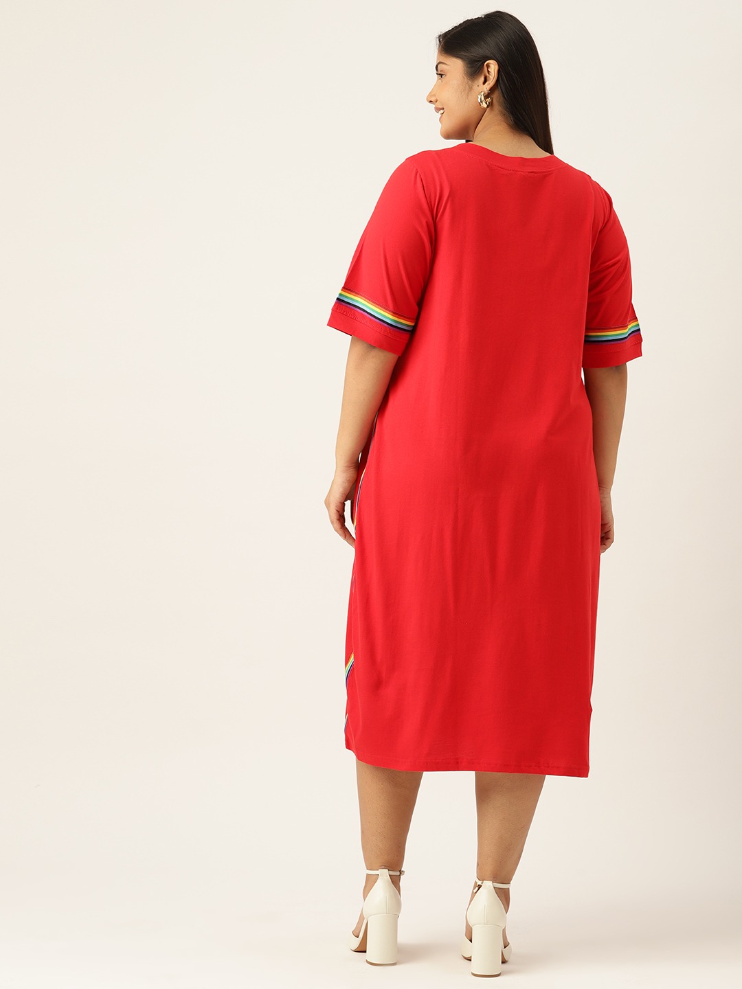 Women's Plus Size Red Solid Color Cotton Knitted A-Line Dress