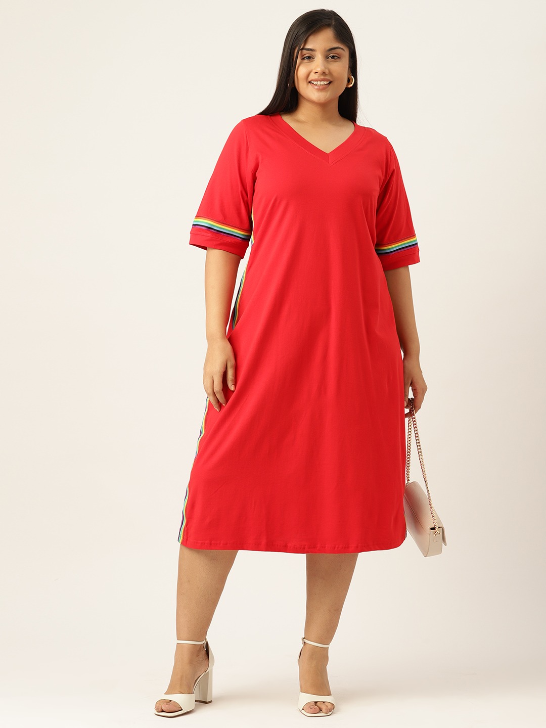 Women's Plus Size Red Solid Color Cotton Knitted A-Line Dress