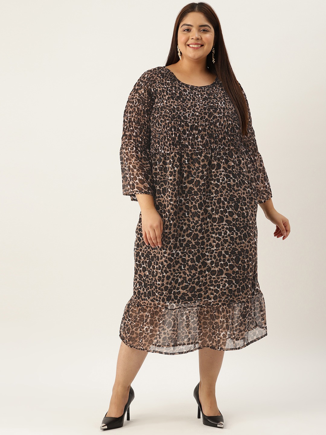Women's Plus Size Animal Printed Smocked Georgette A-Line Midi Dress