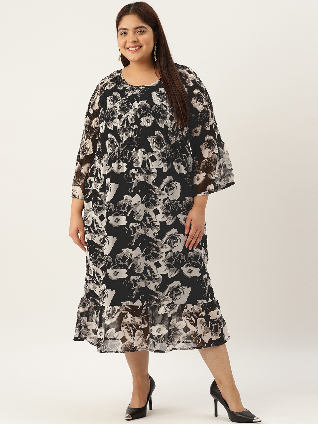 Women's Plus Size Black Rose Printed Smocked Georgette A-Line Midi Dress