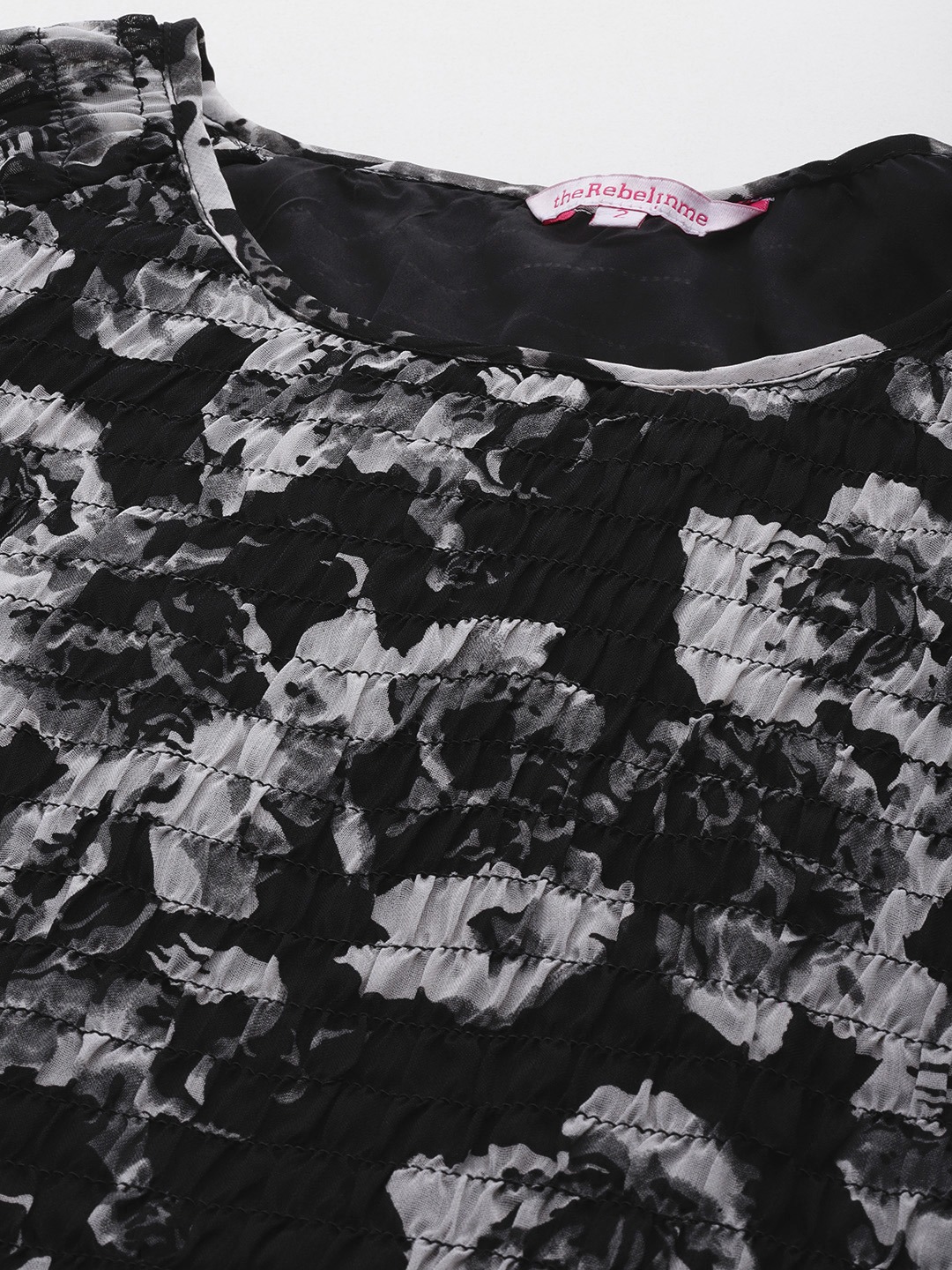 Women's Plus Size Black Rose Printed Smocked Georgette A-Line Midi Dress