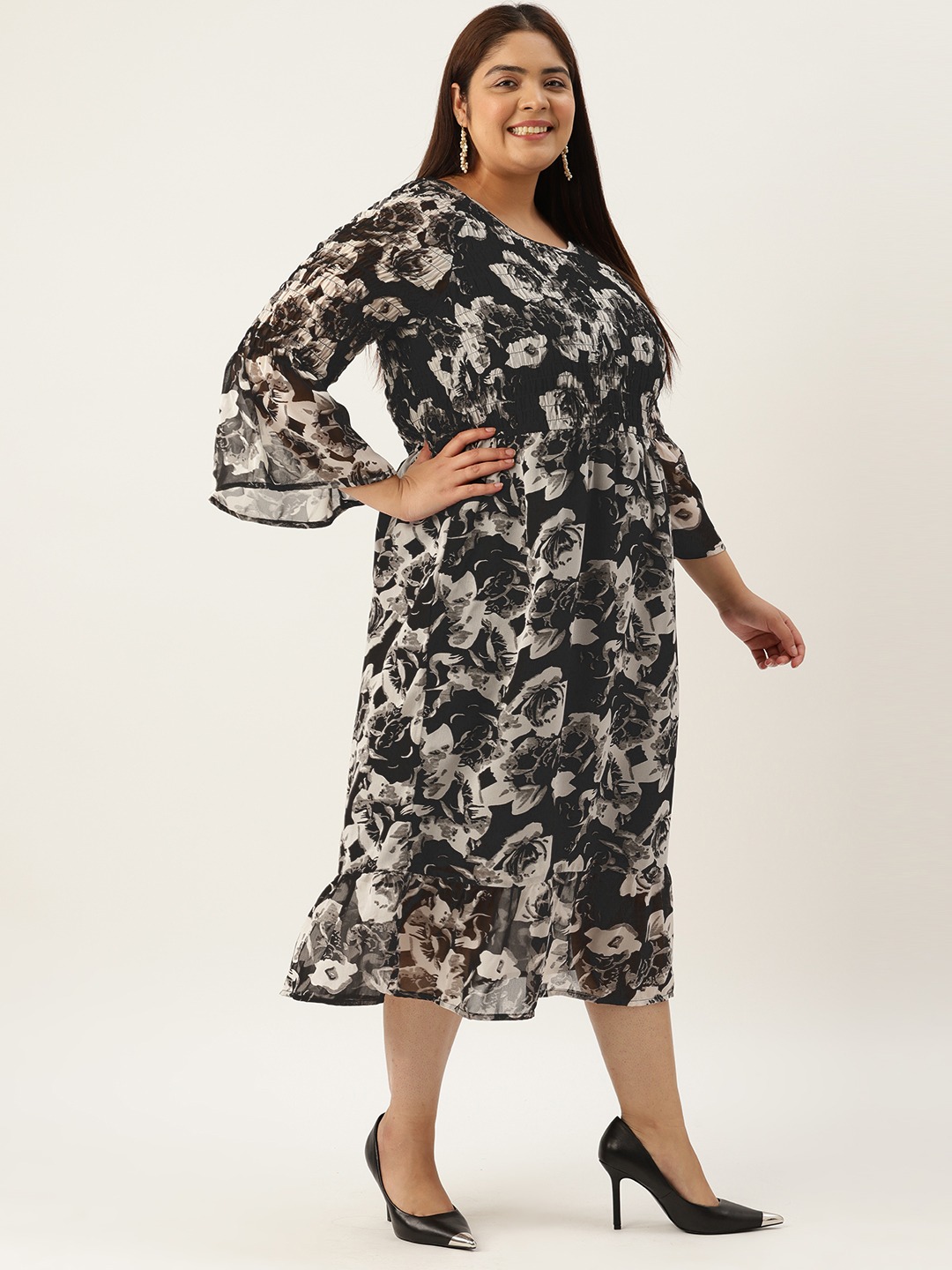 Women's Plus Size Black Rose Printed Smocked Georgette A-Line Midi Dress